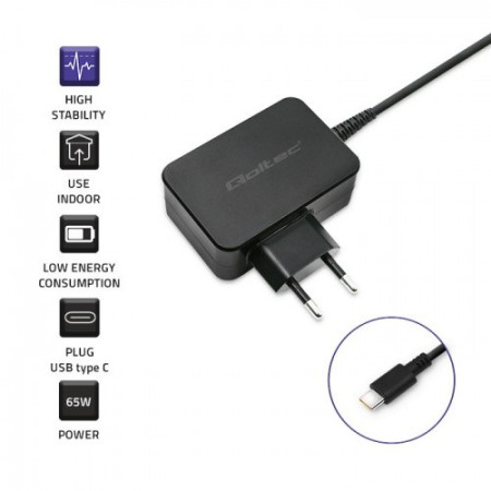 Qoltec 65W Įkroviklis 5-20V 3-3.25A USB-C PD Juodas