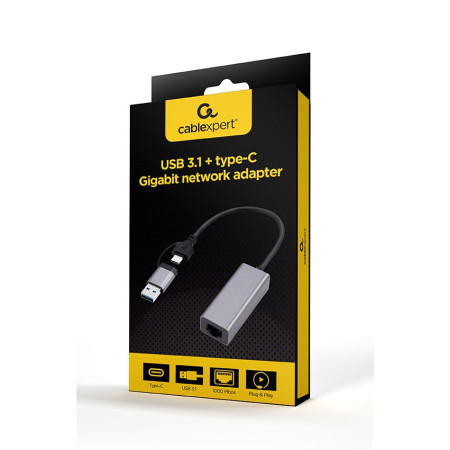 Adapteris USB-C + USB 3.1 (M) į RJ-45 (F) Gembird