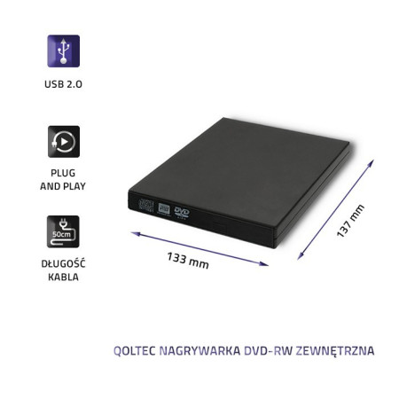 Qoltec 51858 Išorinis DVD-RW įrašymo įrenginys | USB 2.0 | Juodas