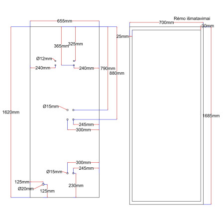 Dušo kabinos galinis stiklas 655x1620 mm juodas II