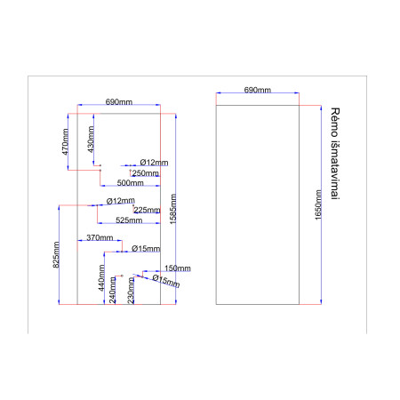 Melsvas dušo kabinos galinis stiklas 690x1585 mm
