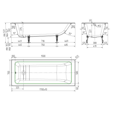 Ketinė vonia su kojom Optima 170cm