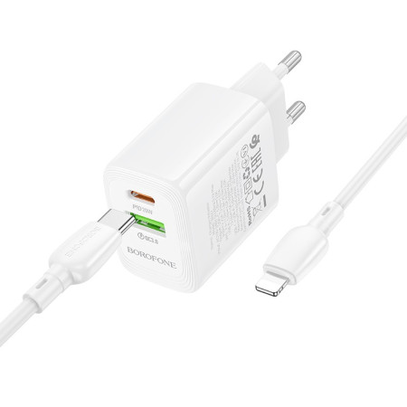 Borofone BN27 20W Įkroviklis USB-C/USB-A su USB-C į Lightning kabeliu 1.0m baltas