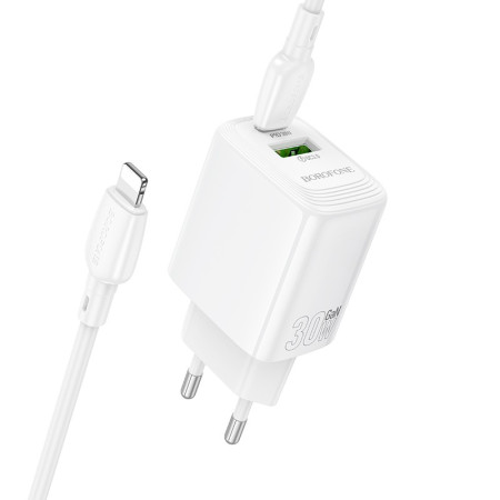 Borofone BN29 30W Įkroviklis USB-C/USB-A su USB-C į Lightning kabeliu 1.0m baltas