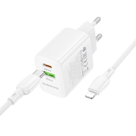 Borofone BN29 30W Įkroviklis USB-C/USB-A su USB-C į Lightning kabeliu 1.0m baltas