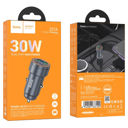 Automobilinis įkroviklis Hoco Z57A 30W USB-C/USB-A pilkas
