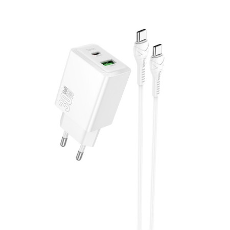 Hoco N71 Įkroviklis 30W GaN USB-C/USB-A + USB-C į USB-C kabelis 1.0m baltas