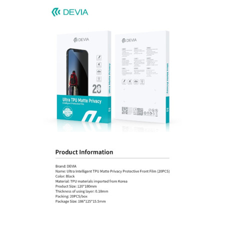 Devia Ultra Intelligent TPU Matte Privacy plėvelių rinkinys karpymo mechanizmui 20vnt.