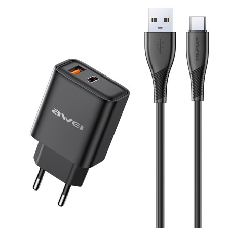 Awei PD81T-EU 22.5W įkroviklis su USB-A/USB-C ir USB-A į USB-C kabeliu 1.0m
