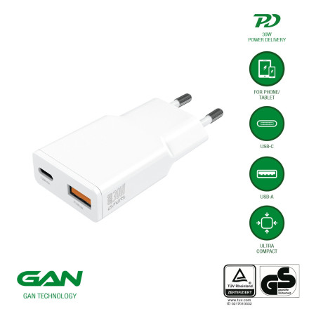 Wall Charger PDPlug Duos Slim 30W GaN 1C+1A white