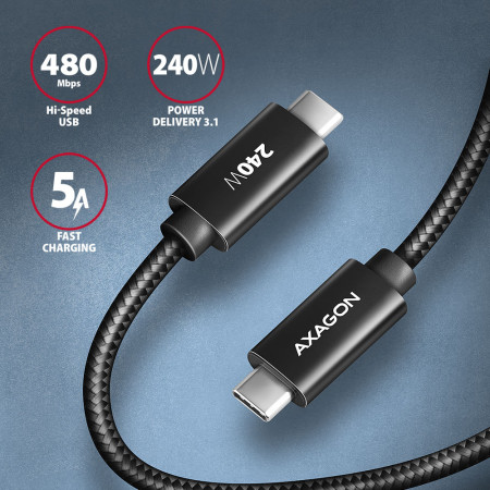 USB-C į USB-C kabelis 3m 240W juodas AXAGON BUCM2-CM30AB