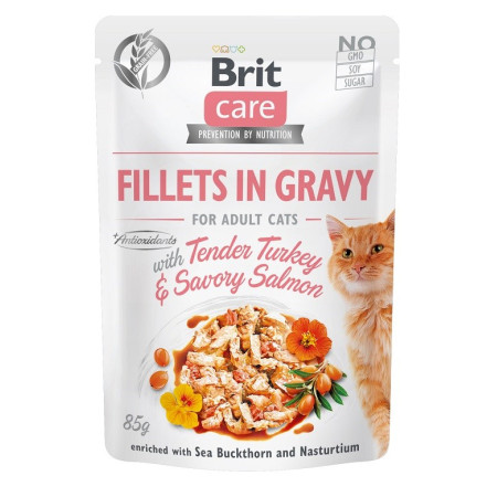BRIT Care Fillets in Gravy - drėgnas kačių maistas su kalakutiena ir lašiša 85g