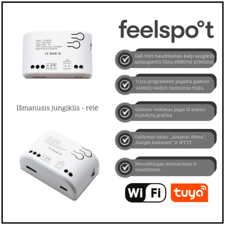 Išmanusis jungiklis – rėlė Feelspot FS-SRS02W RF, Wi-Fi, Tuya