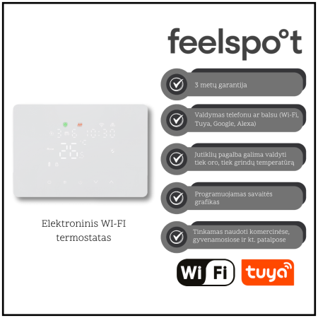 Elektroninis programuojamas termostatas Feelspot WTH25.05RF Wi-Fi, baltas