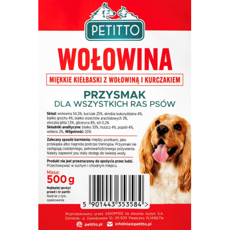 PETITTO minkštos jautienos dešrelės - skanėstas šuniui - 500g