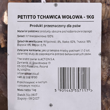 PETITTO Tchawica Wołowa - przysmak dla psa - 1kg