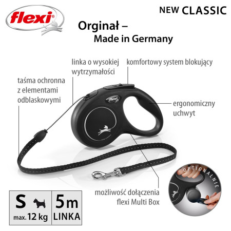 Flexi New CLASSIC 5 m Juoda Šuo Susitraukiantis pavadėlis
