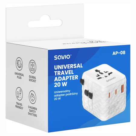 Savio AP-08 maitinimo adapteris / inverteris 20 W Balta