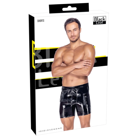 Black Level Vinyl Shorts S - Shiny Black, Padded Zip, Side Pockets