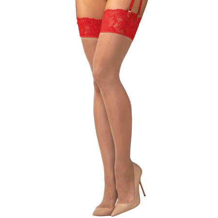 Obsessive Matildea Stockings L/XL Red Lace Band - Velvety Nude Finish