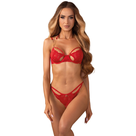 Obsessive Matildea Red L/XL Bra & Thong Set with Chains and Lace