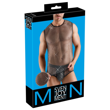 Svenjoyment Men's Sleeveless Black Net Shirt with Sparkling Accents M