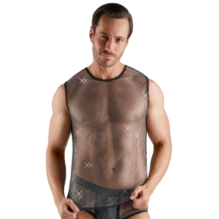 Svenjoyment Men's Sleeveless Black Net Shirt with Sparkling Accents M