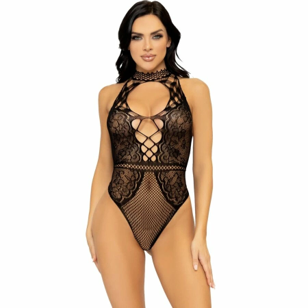 Leg Avenue Keyhole Halter Bodysuit Net & Lace One Size Black