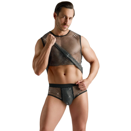 Svenjoyment Men's Black Glam Mesh Pants L - Sparkling Front, Stretch Fit