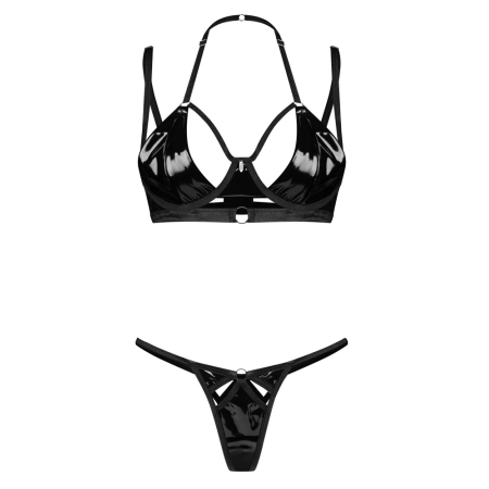 Obsessive Keira Lise Vinyl Set Bra & Thong 2XL/3XL - Black, Adjustable Fit