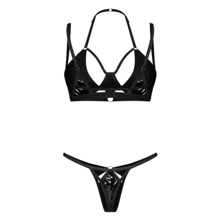 Obsessive Keira Lise Vinyl Set Bra & Thong 2XL/3XL - Black, Adjustable Fit