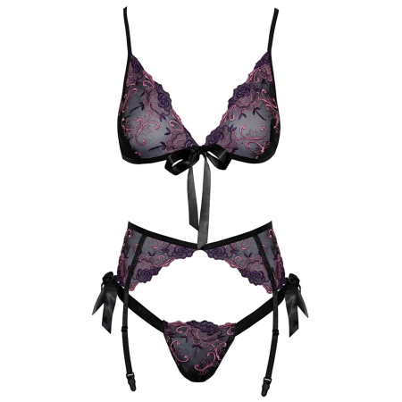 Kissable Lingerie Set L/XL - Floral Embroidered Bra & Garter Belt Black