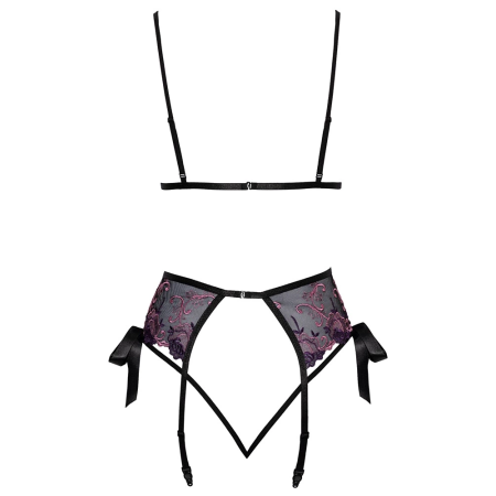 Kissable Lingerie Set L/XL - Floral Embroidered Bra & Garter Belt Black