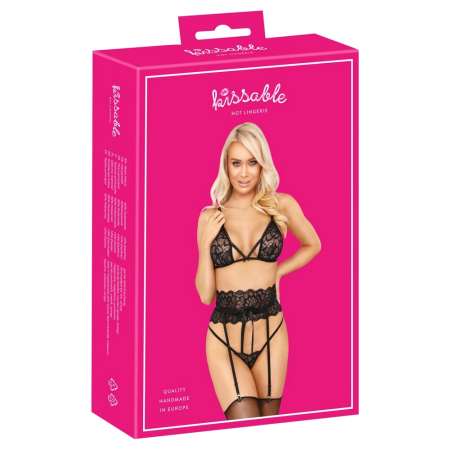 Kissable Suspender Lingerie Set Lace Black L/XL Adjustable Fit