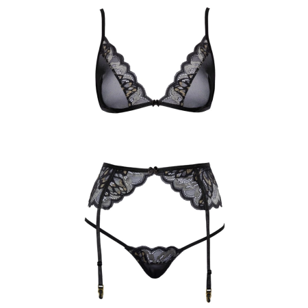 Kissable Lingerie Set L/XL - Lace Bra, Suspender Belt & String, Black
