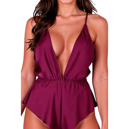 PASSION SENSIE Plum Satin Bodysuit L/XL - Elegant Adjustable Back