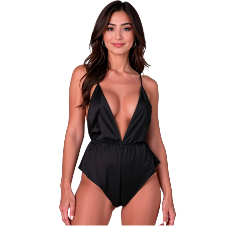 PASSION SENSIE Satin Bodysuit Black S/M Adjustable Straps