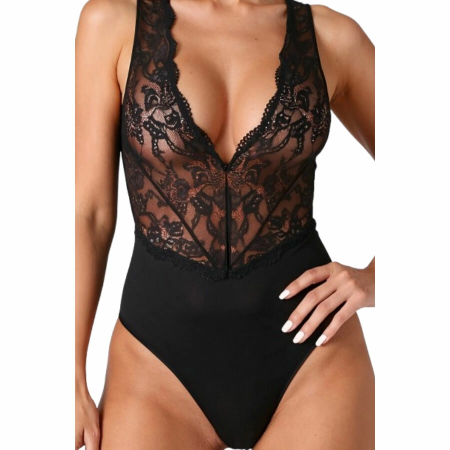 PASSION Evalie Bodysuit Black S/M - Elegant Lace Deep V Open Back