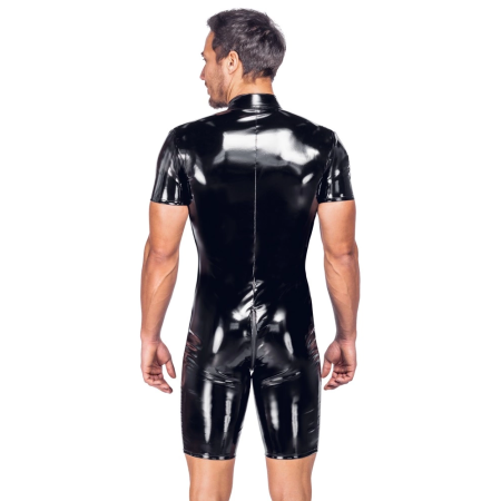 Black Level Men's Vinyl Short Playsuit 3XL - Shiny Club Style, 3-Way Zip