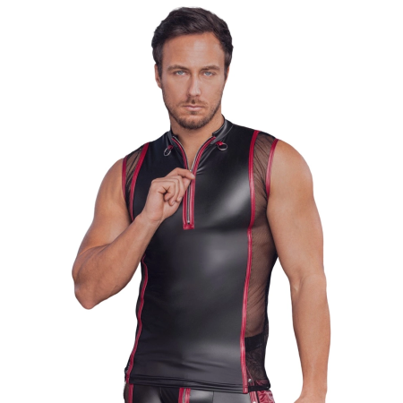 NEK Sleeveless Matte Shirt S Black-Red with Mesh and Zip Detail