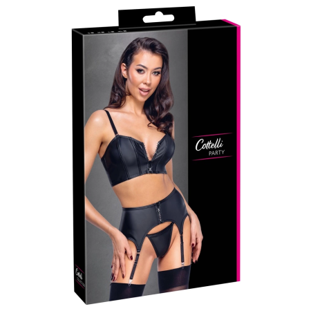 Cottelli PARTY Matte Black Rhinestone Zip Top & Suspender Set S