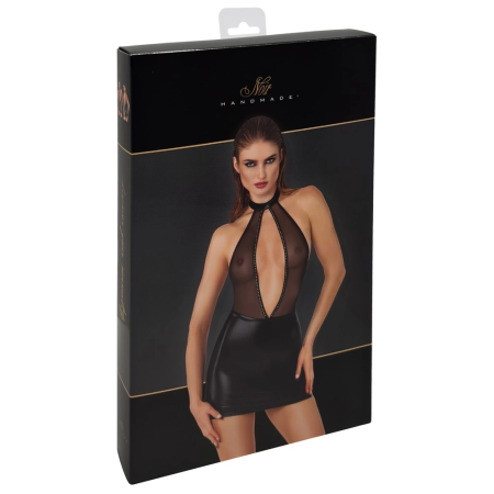 Noir Handmade Dress Sparkle L - Black Powerwetlook & Mesh Mini Dress