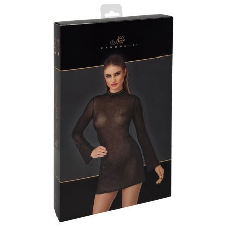 Noir Handmade Mini Dress XL with Flared Sleeves and Sparkling Details