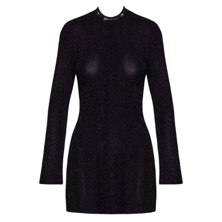 Noir Handmade Mini Dress L Black Sparkling Mesh Trumpet Sleeves