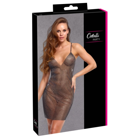 Cottelli PARTY Mini Dress S/M - Black Mesh with Colorful Rhinestones