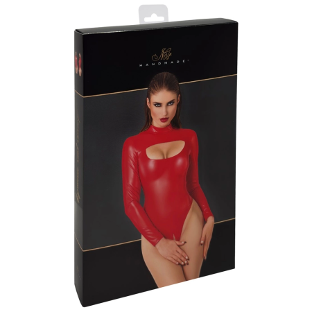 Noir Handmade Powerwetlook Bodysuit Red M High-Neck Long Sleeve