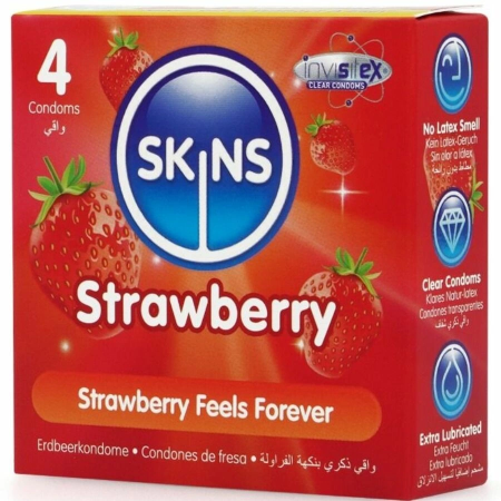 Skins Strawberry Premium Latex Condoms 4-Pack - Extra Lubricated, Fragrant