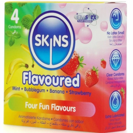 Skins Multi Flavors Premium Condoms 4-Pack - Banana, Mint, Bubblegum, Strawberry