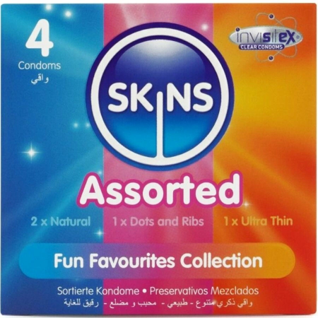 Skins Assorted Premium Condoms Pack 4 - Natural, Ribbed, Dotted, Ultra-Thin