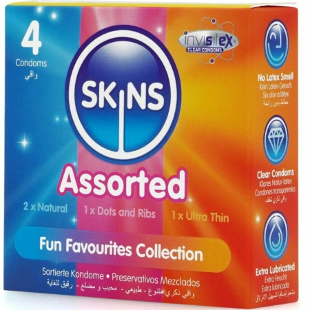 Skins Assorted Premium Condoms Pack 4 - Natural, Ribbed, Dotted, Ultra-Thin